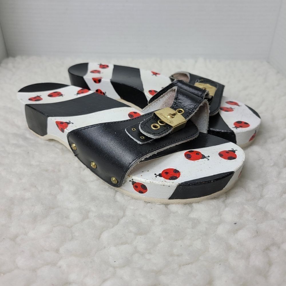 Rare Vtg 80'S Dr Scholls Red Black Lady Bug Hand Painted Sandals 7 Wood Leather